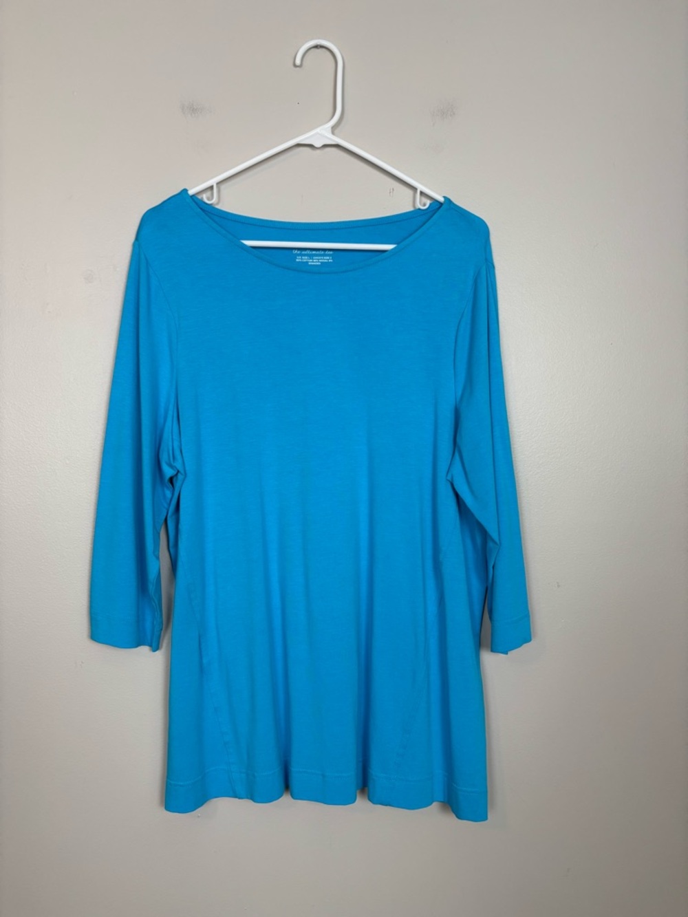 Chico's The Ultimate Tee Knit Top Pima Tunic 3/4 Sleeve Beachside Blue Size Lg